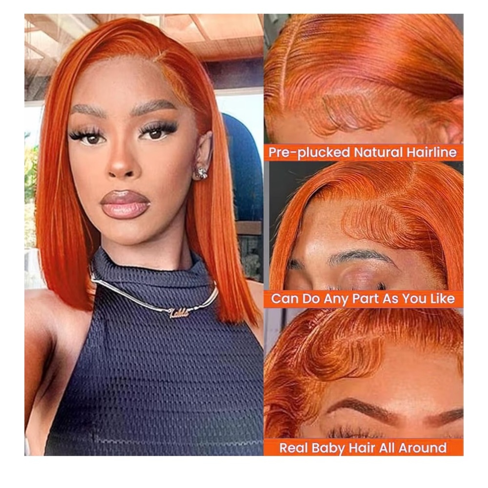 Ginger Bob Wig Human Hair 13x4 Lace 12 inch - Picture 2 of 6